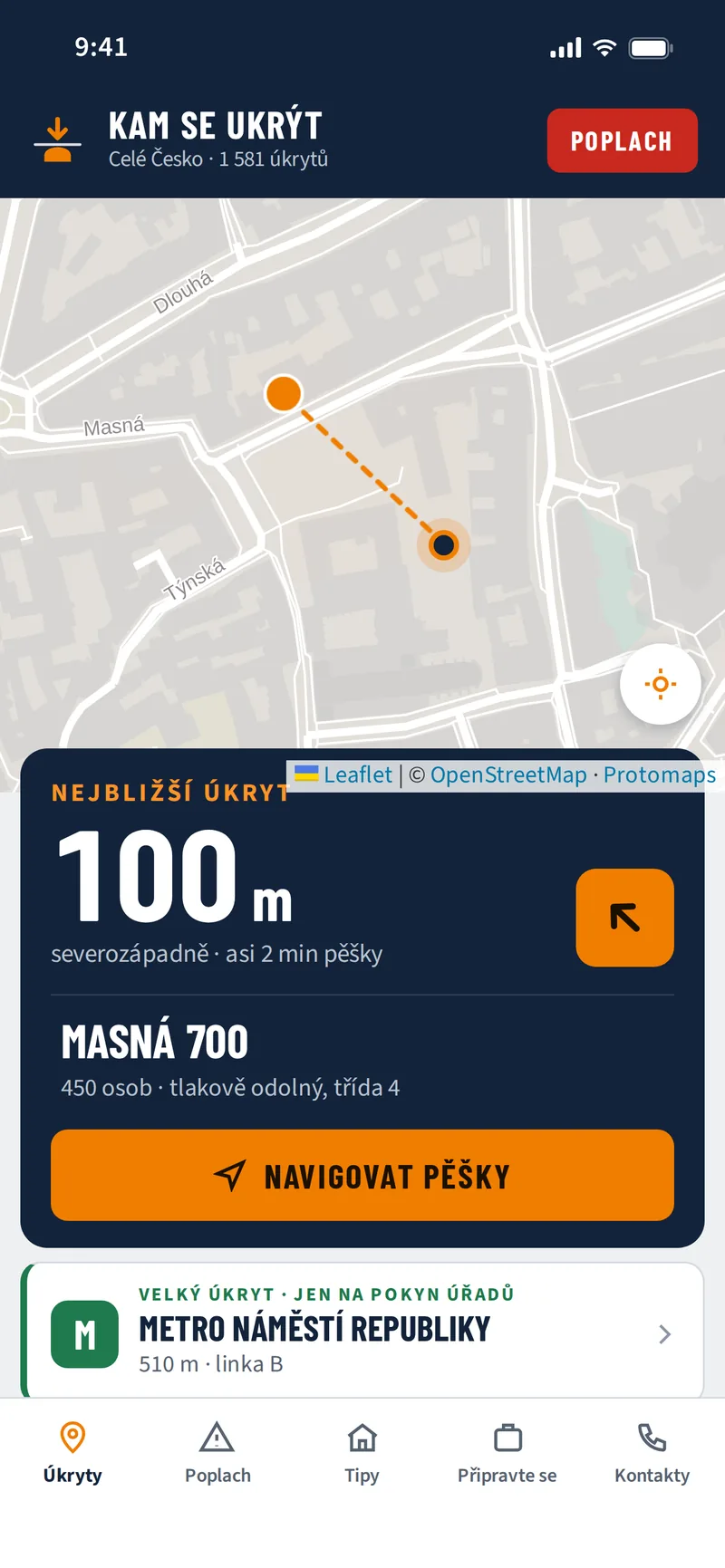 Aplikace Kam se ukrýt: nejbližší úkryt 100 m s navigací pěšky