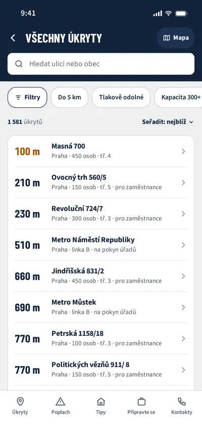 Seznam všech úkrytů s filtry