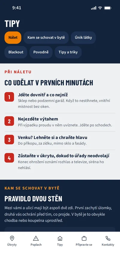 Návody pro nálet, únik látky, blackout a povodně