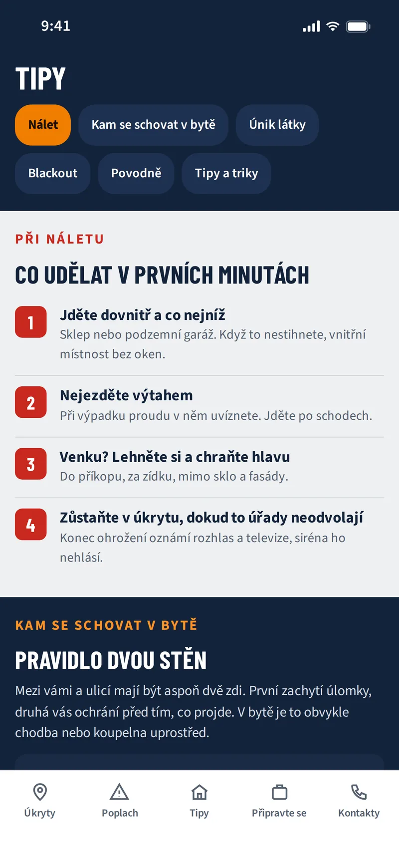Obrazovka Tipy: nálet, kam se schovat v bytě, únik látky, blackout, povodně