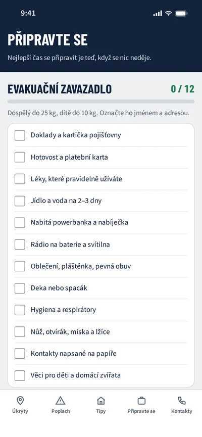 Evakuační zavazadlo jako zaškrtávací seznam