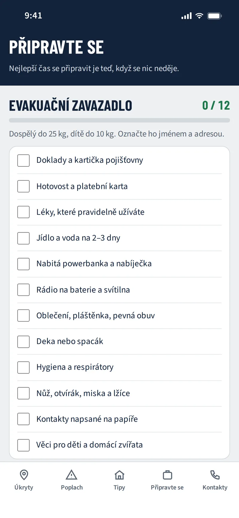 Obrazovka Připravte se: evakuační zavazadlo jako zaškrtávací seznam