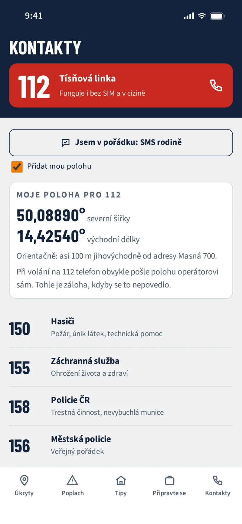 Obrazovka Kontakty: 112, Jsem v pořádku a souřadnice pro 112